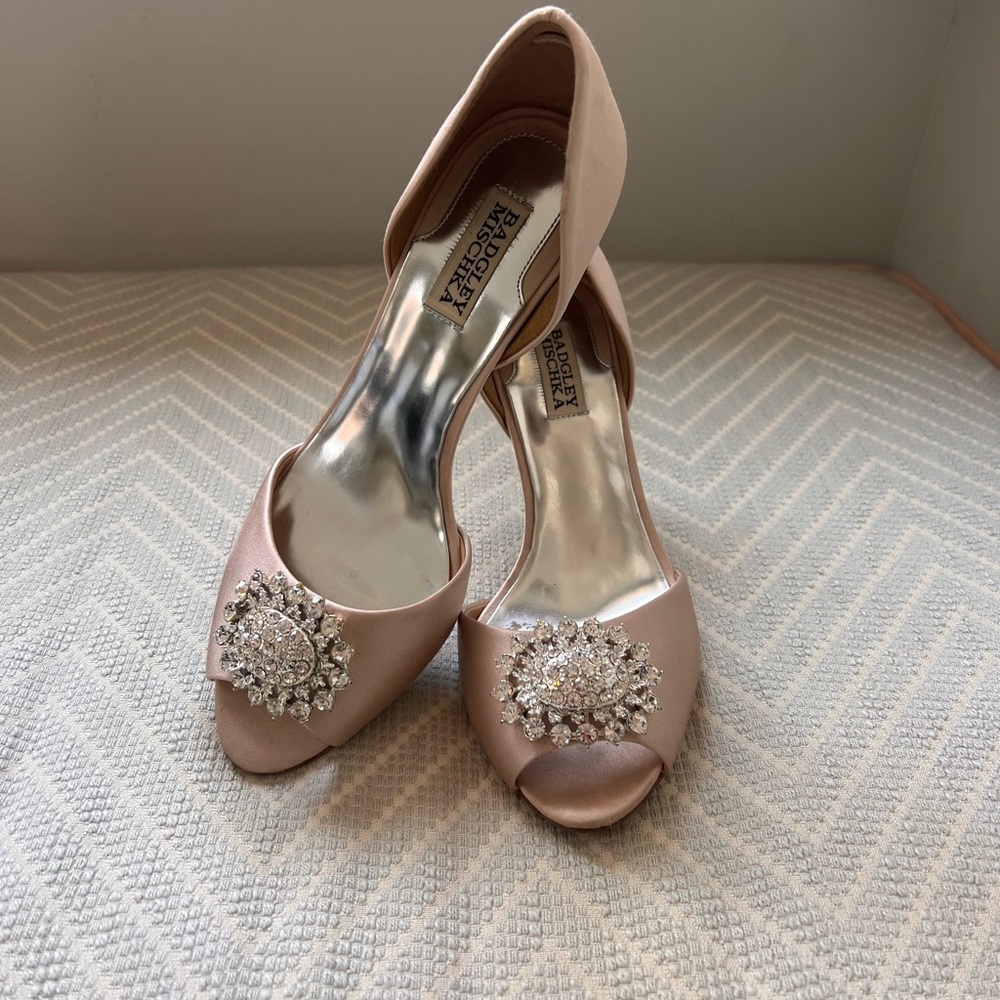 Badgley Mischka Lacie Blush Pink Satin Heels with Crystal Embellishments